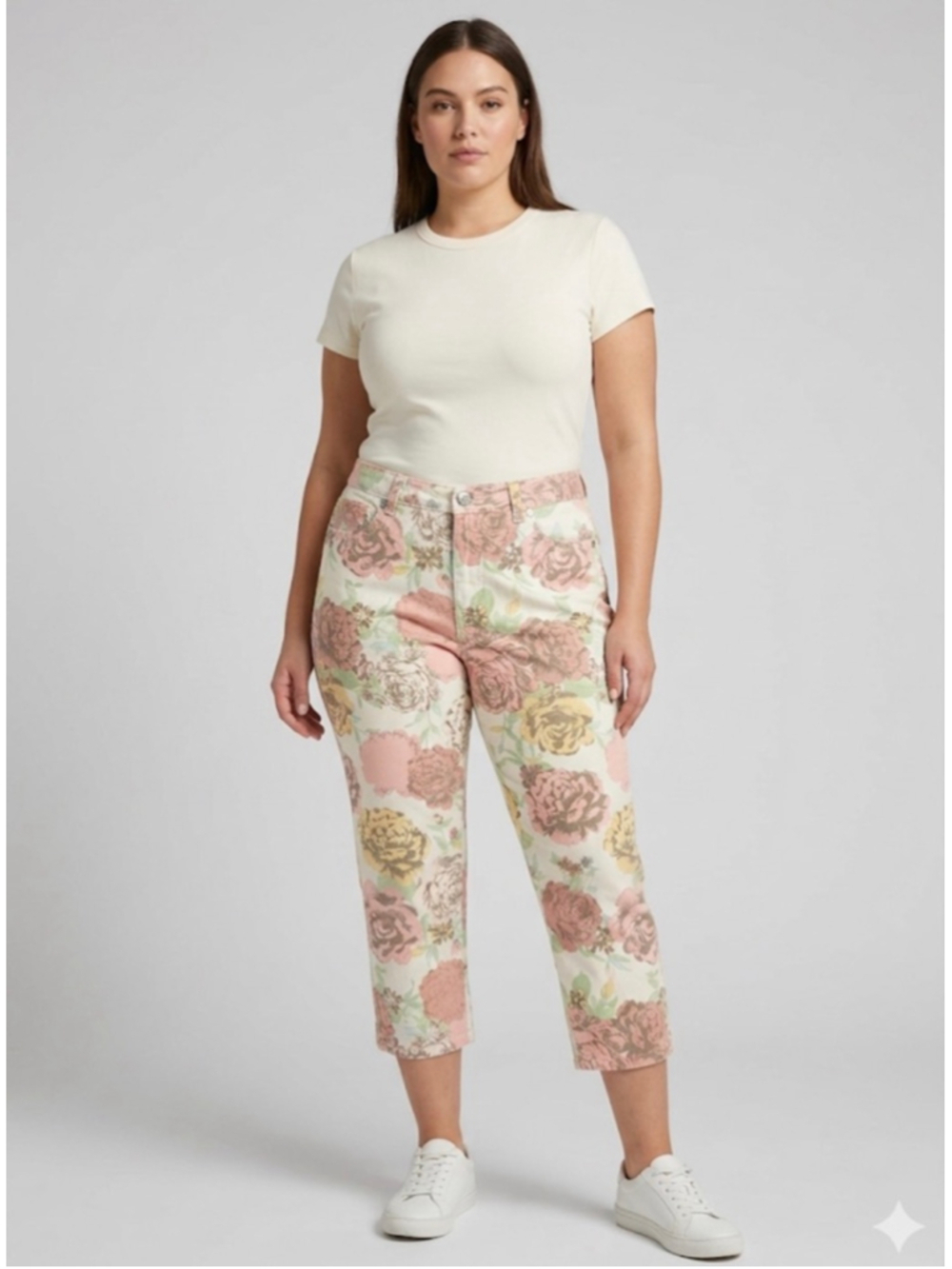 Nine West Vintage America Collection Plus Floral Cropped Jeans 14 White